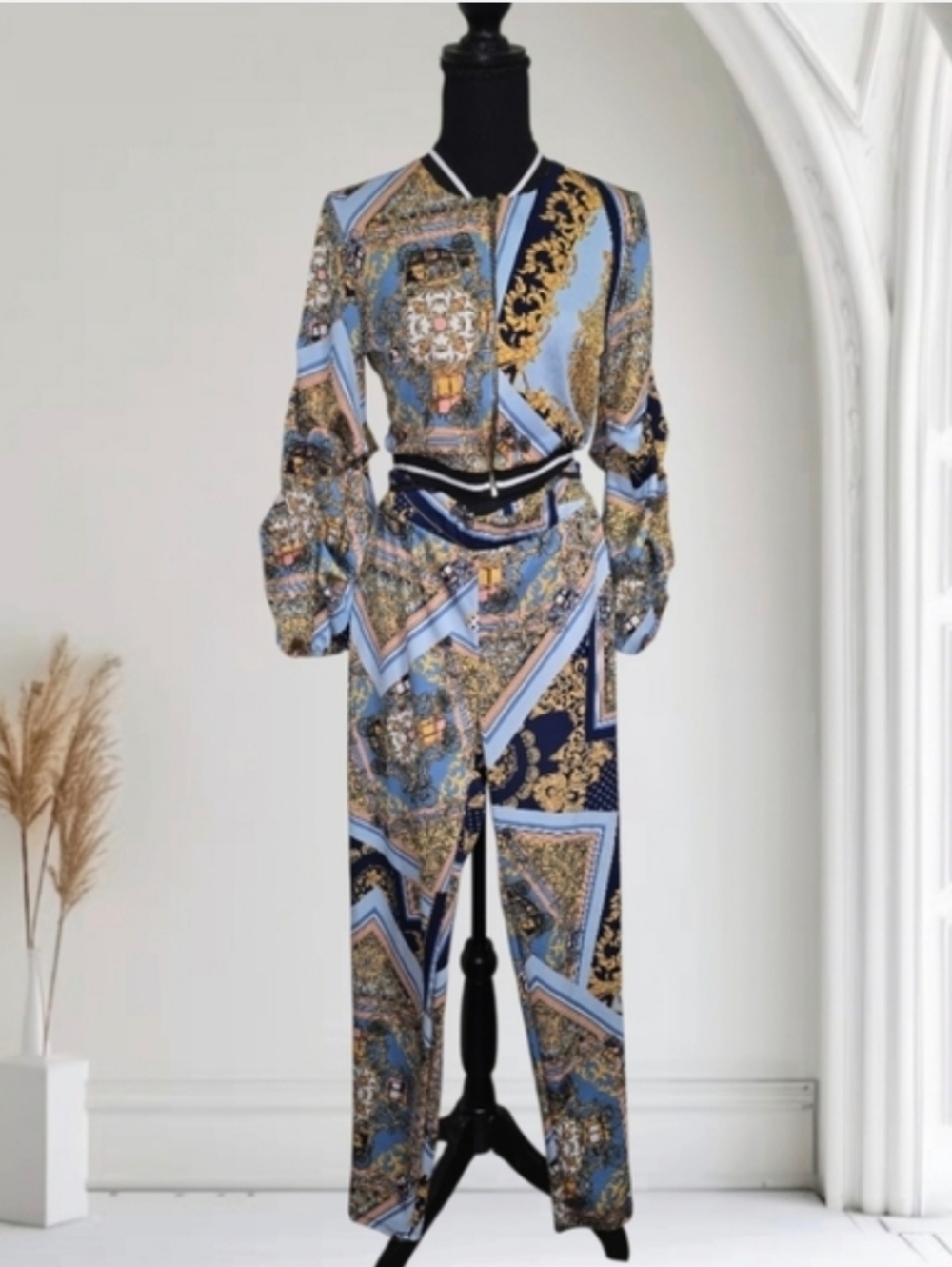 Fashion Nova Blue and Gold Printed Jumpsuit